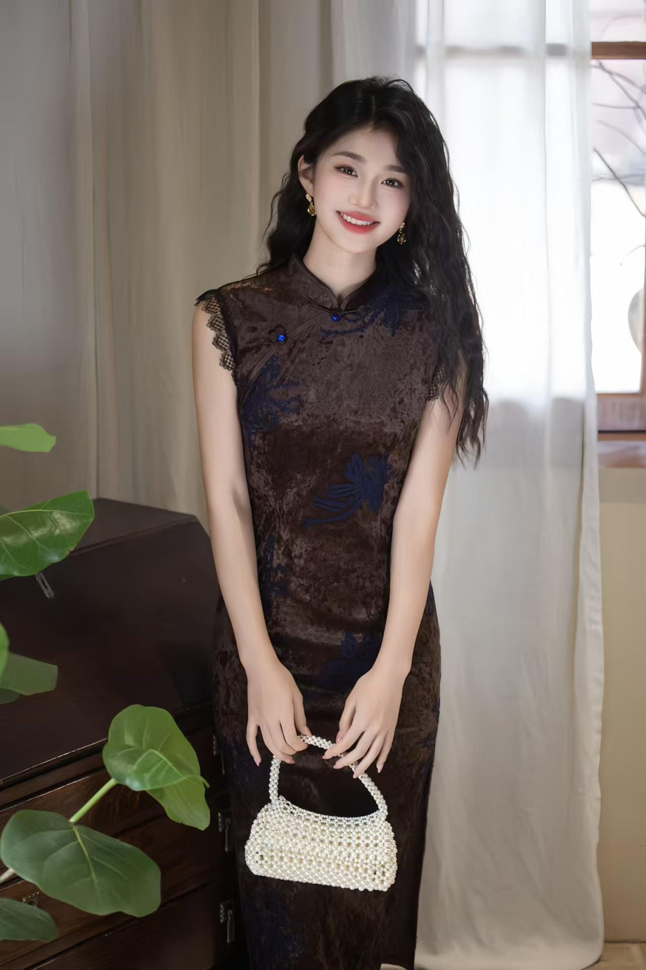 Velvet Qipao Dress with Diamonds, Coffee Brown Cheongsam with Blue Embroidery, Elegant Chinese Midi Dress with Lace Trim, Autumn Luxury