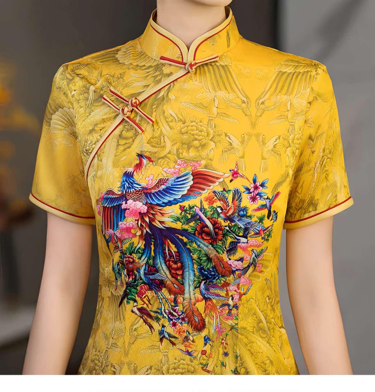 Qipao Amarillo Fénix, Vestido Cheongsam Corto, Vestido de Fiesta Chino, Traje de Cóctel Oriental, Vestido de Invitada de Boda Retro