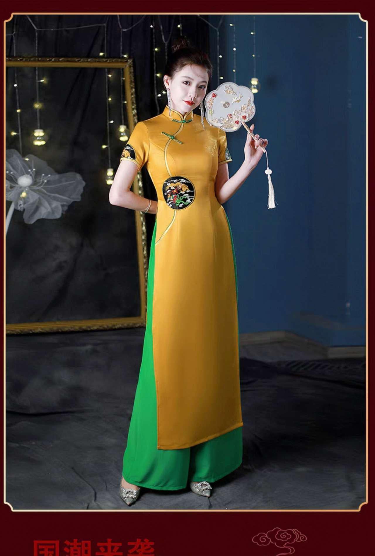 Elegante Cheongsam Blanco, Conjunto Qipao Chino, Vestido Panel Azul, Vestido de Noche Oriental, Vestido Largo, Vestido Ceremonia Cultural