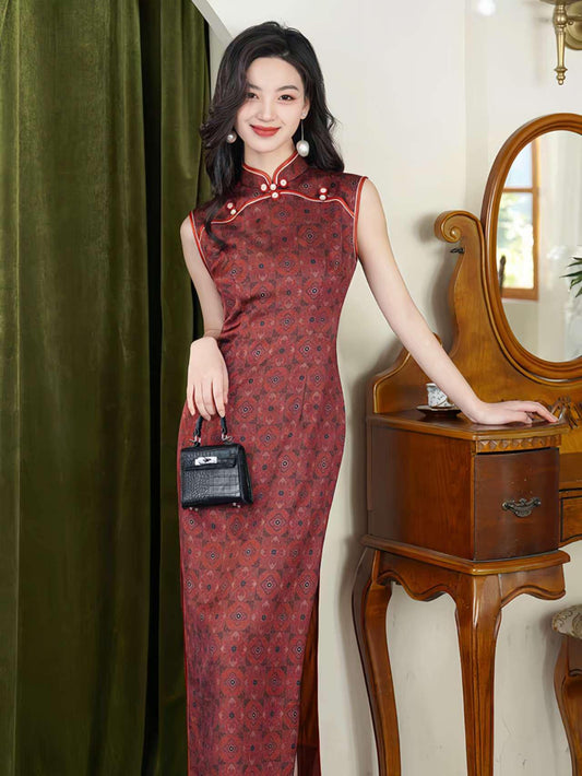 Vestido Qipao rojo, Cheongsam retro, Elegante vestido chino, Traje oriental vintage, Moda asiática tradicional,Vestido para Ceremonia del Té