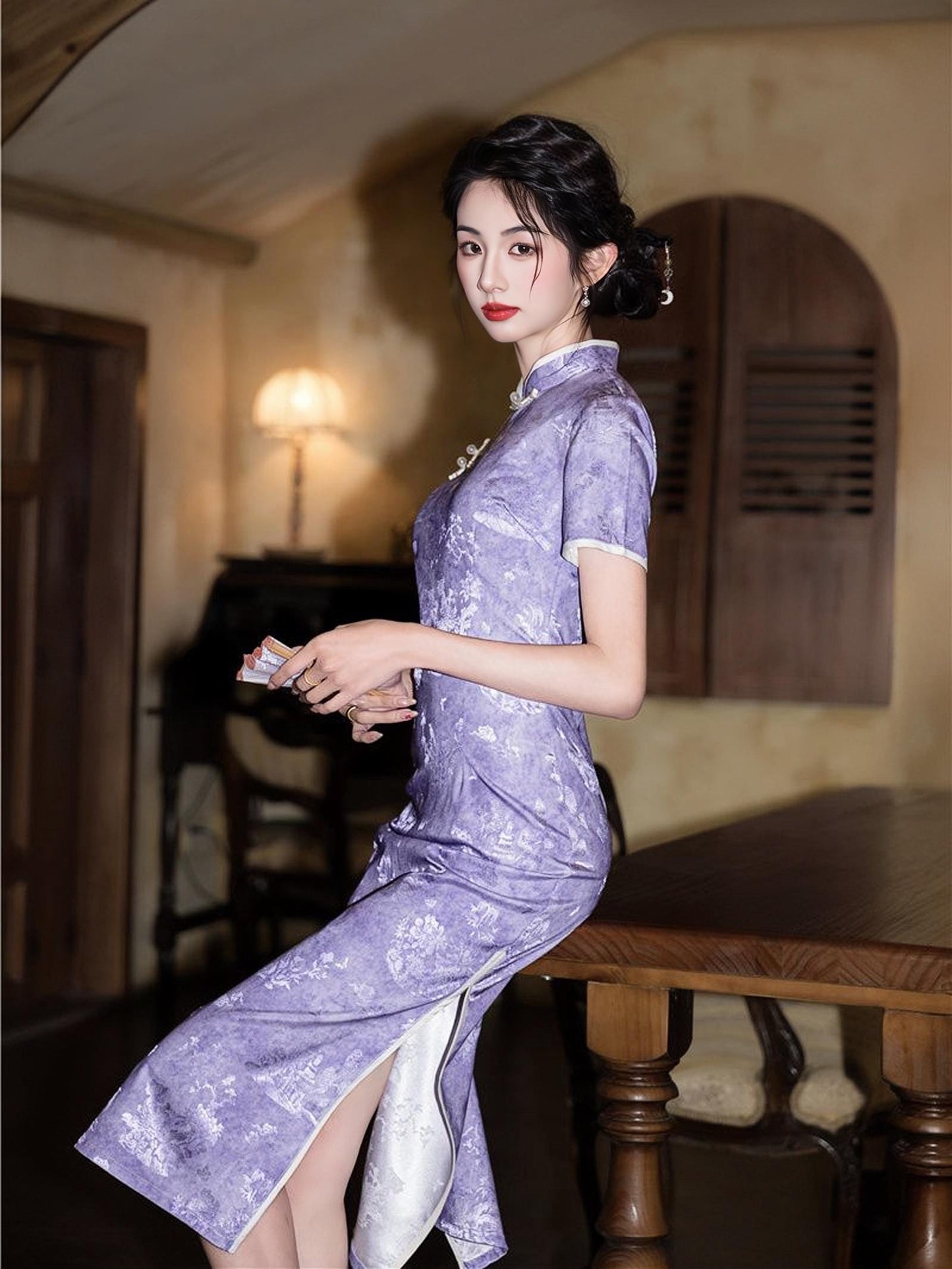 Vestido Qipao Morado, Elegante Cheongsam Chino,Vestido Retro Midi, Vestido Invitación de Boda Lavanda, Vestido Ceremonia Té,regalo para ella