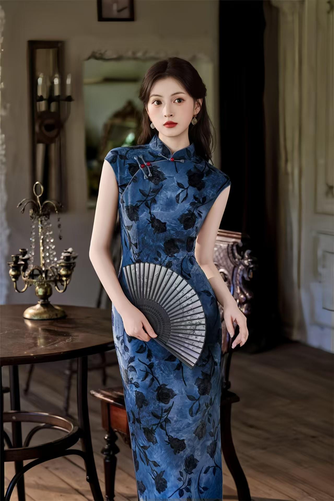 Vintage Chinese Qipao Dress, Maxi Floral Tie Dye Cheongsam, Retro Mandarin Collar Evening, Elegant Asian Style Party, Traditional Long