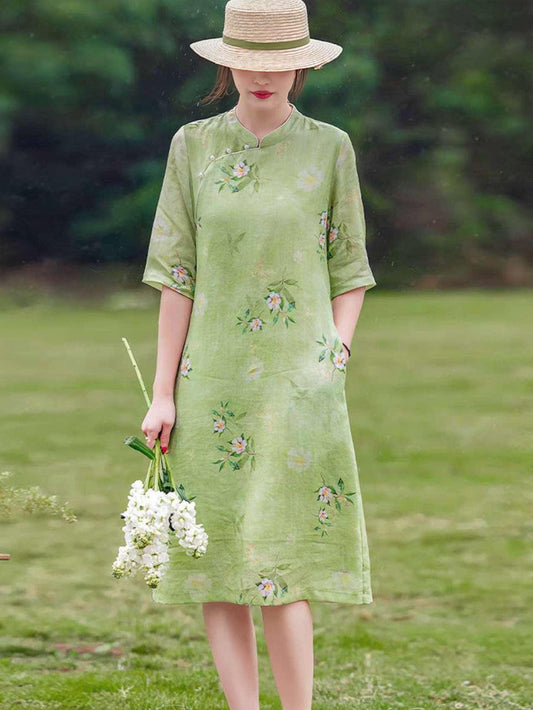 Qipao de lino verde, Vestido chino floral vintage, Vestido de té de jardín, Vestido de verano, Bata con estampado botánico, tallas grandes
