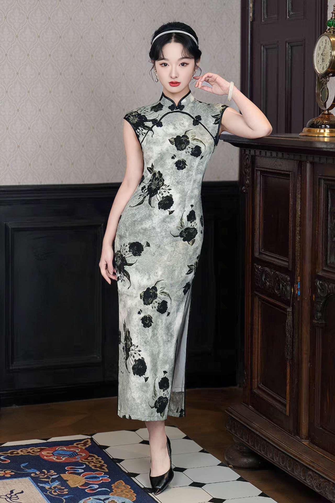Qipao Floral Tinta, Vestido Cheongsam Gris, Qipao Vintage Moderno, Moda Retro Asiática, Look Clásico Chino, Vestido para Ceremonia del Té
