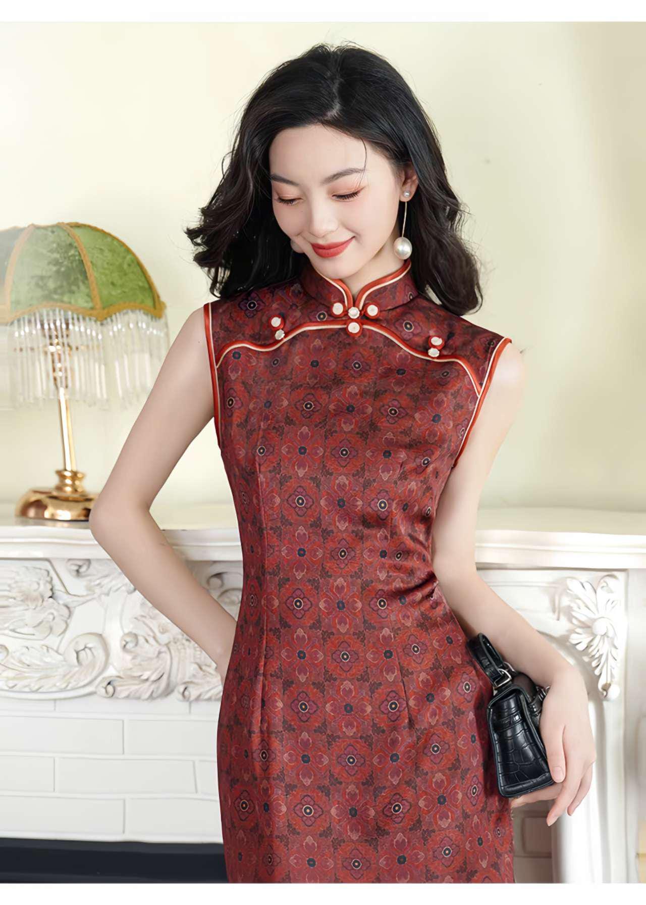 Vestido Qipao rojo, Cheongsam retro, Elegante vestido chino, Traje oriental vintage, Moda asiática tradicional,Vestido para Ceremonia del Té