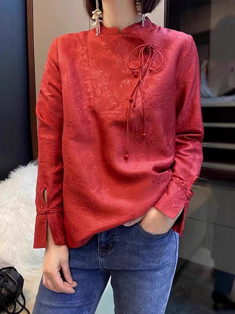 Top Chino Rojo, Camisa Vintage de Botones de Rana,Estilo Retro Tang Suit,Blusa Año Nuevo Lunar,Camisa Roja Tradicional, Ropa China de Fiesta