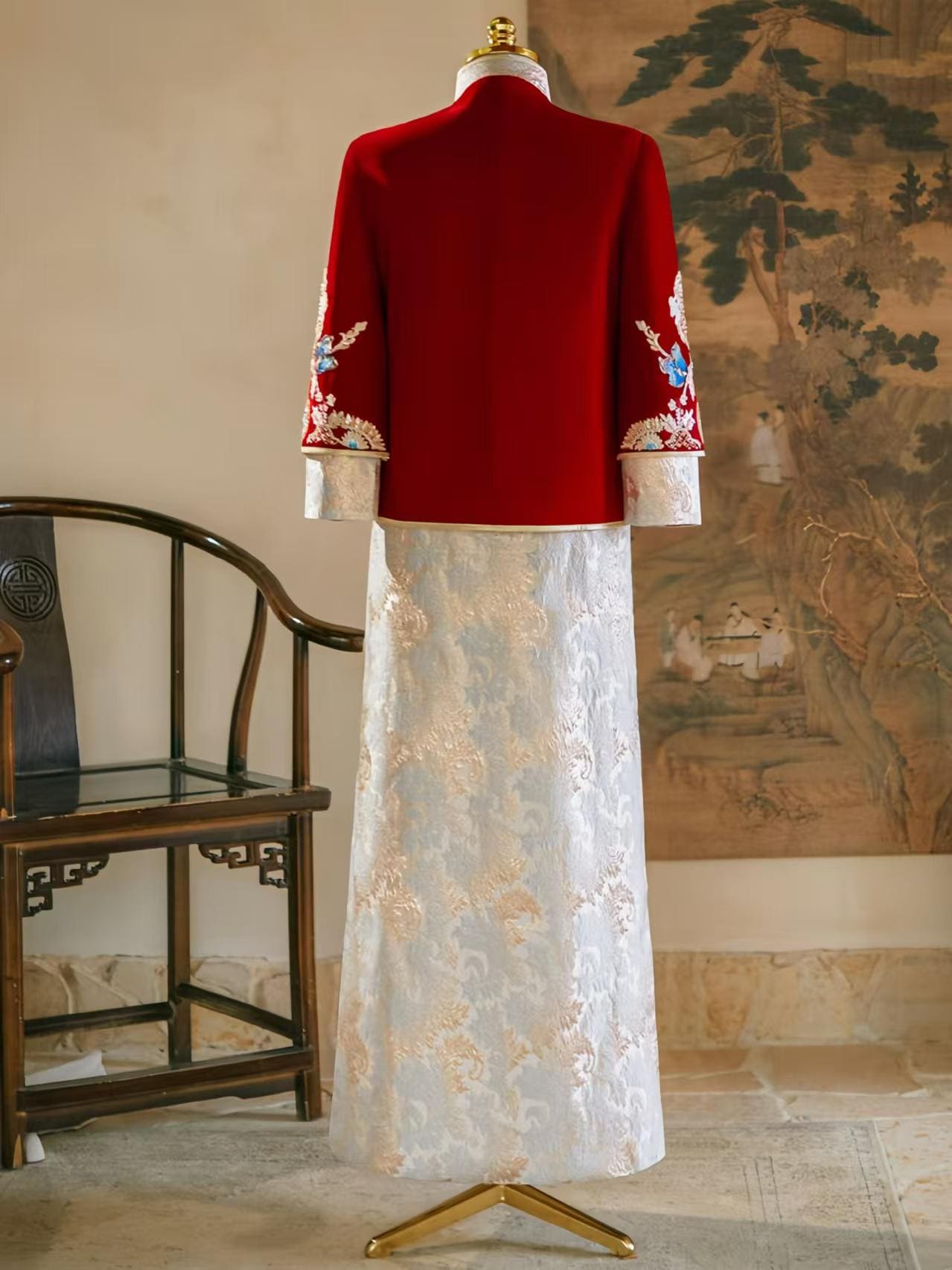 Luxury Chinese Wedding Robe, Vintage Red Silk Velvet Wedding Dress, Dragon Phoenix Embroidered Wedding Suit, Traditional Chinese Wedding
