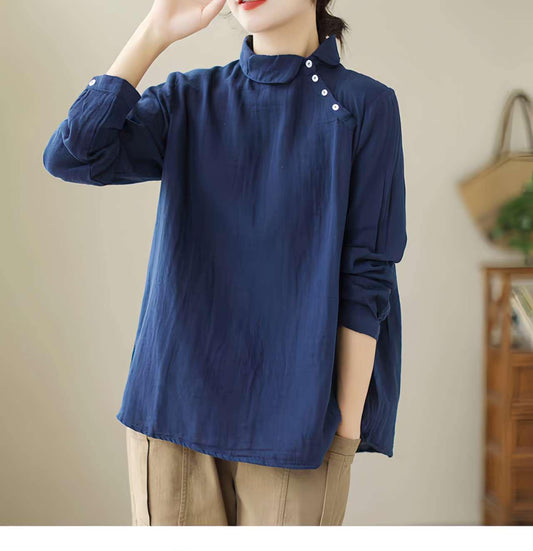Blusa Vintage Japonesa, Camisa Azul Marino, Top Cuello Retro Botones, Moda Minimalista Asiática, Blusa Estilo Arte,Top Boho Casual,Art Style