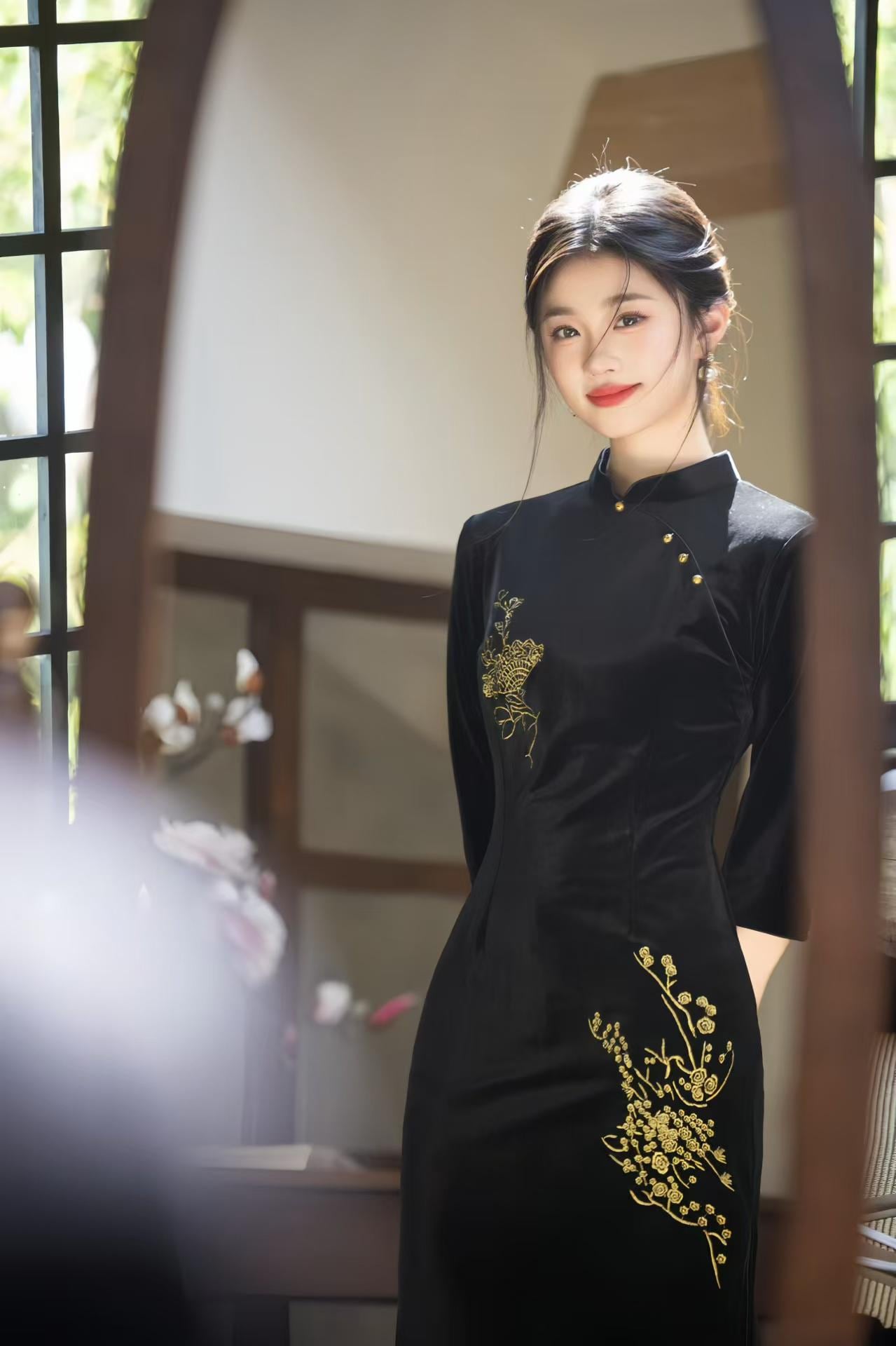 Velvet Embroidered Qipao Dress, Black Cheongsam with Gold Floral Embroidery, Elegant Oriental Midi Dress, Luxury Autumn Chinese Dress