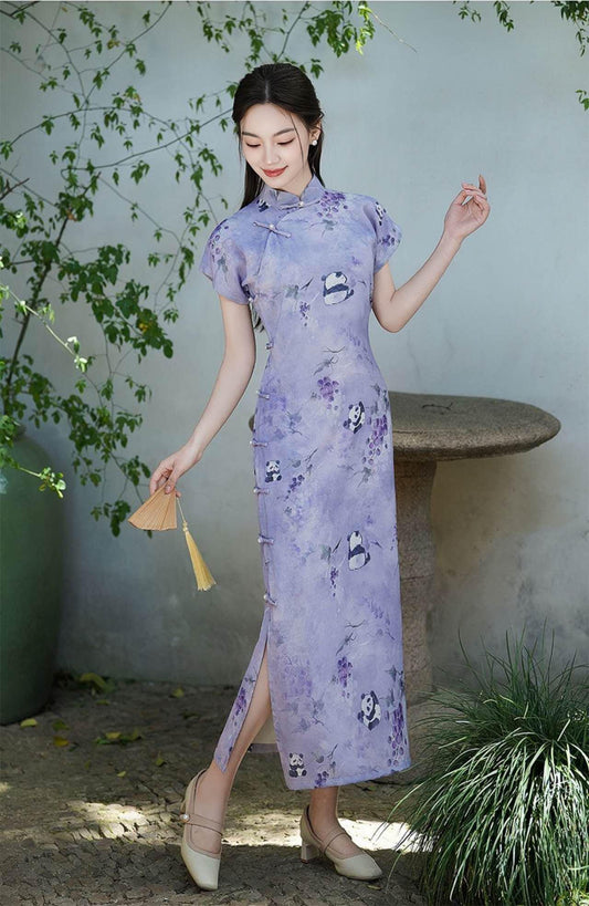 Purple Panda Qipao Dress, Vintage Chinese Cheongsam, Retro Asian Tea Party Dress, Animal Pattern  Dress, regalo para ella