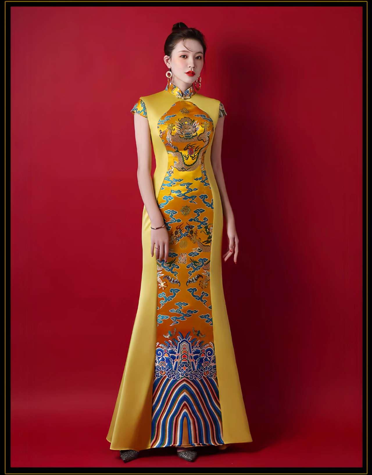 Cheongsam Dragón Imperial, Vestido Chino Amarillo, Vestido de Noche Oriental, Qipao Largo,Traje Tradicional Asiático,Traje Escénico Cultural
