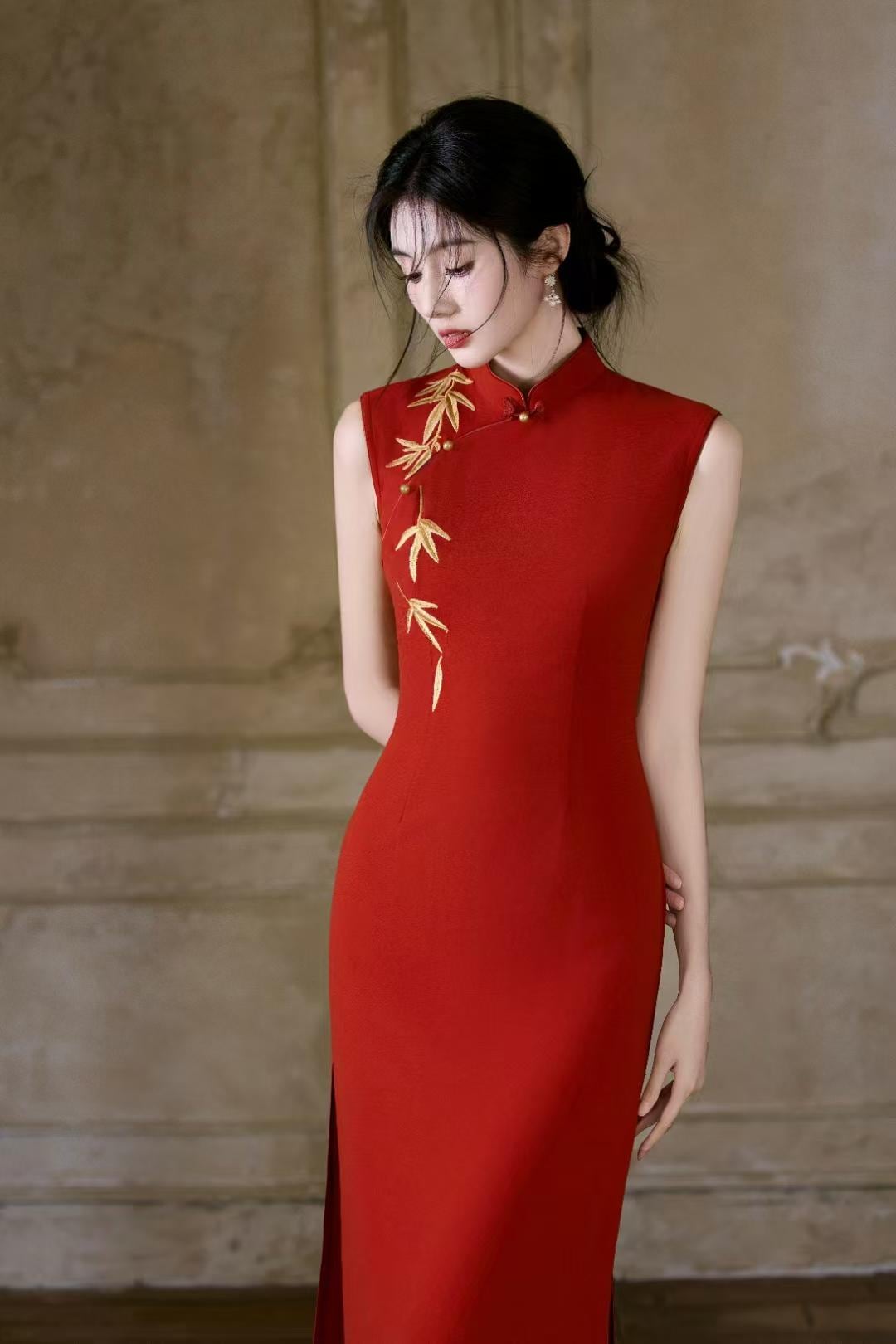Luxury Satin Embroidered Qipao, Double-Layer Cheongsam Dress, Elegant Gown with Mandarin Collar, Vintage Chinese Evening Dress, Weddings and Parties