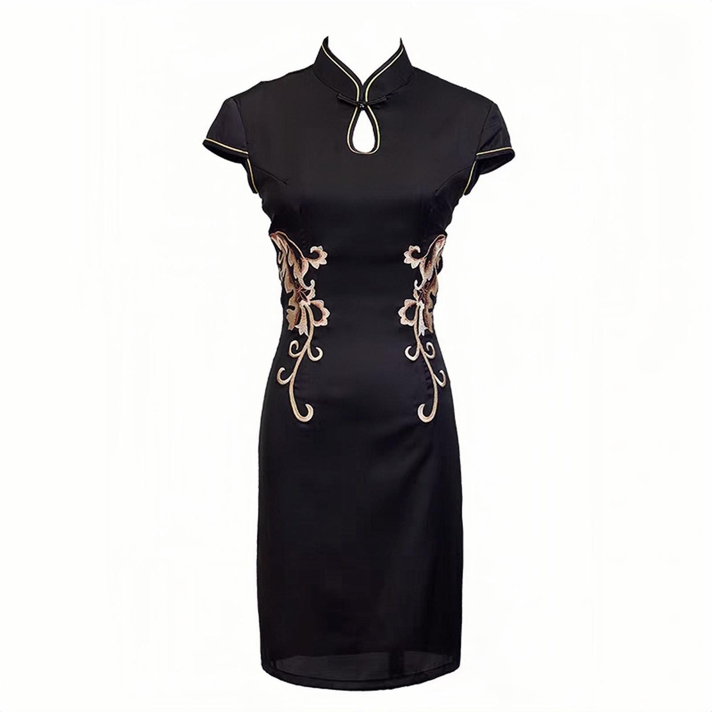 Qipao Clásico con Toque Moderno, Cheongsam Negro Elegante con Bordado Floral, Vestido Vintage Elegante para Té, Regalo para ella, S-4XL