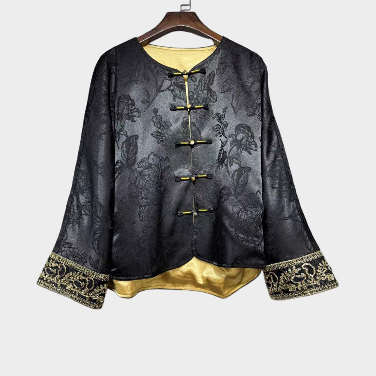Chaqueta de oro Tang, Traje de chaqueta chino Tang, blusa con puños barrocos, Elegante Top, Abrigo inspirado en el Hanfu, regalo para ella