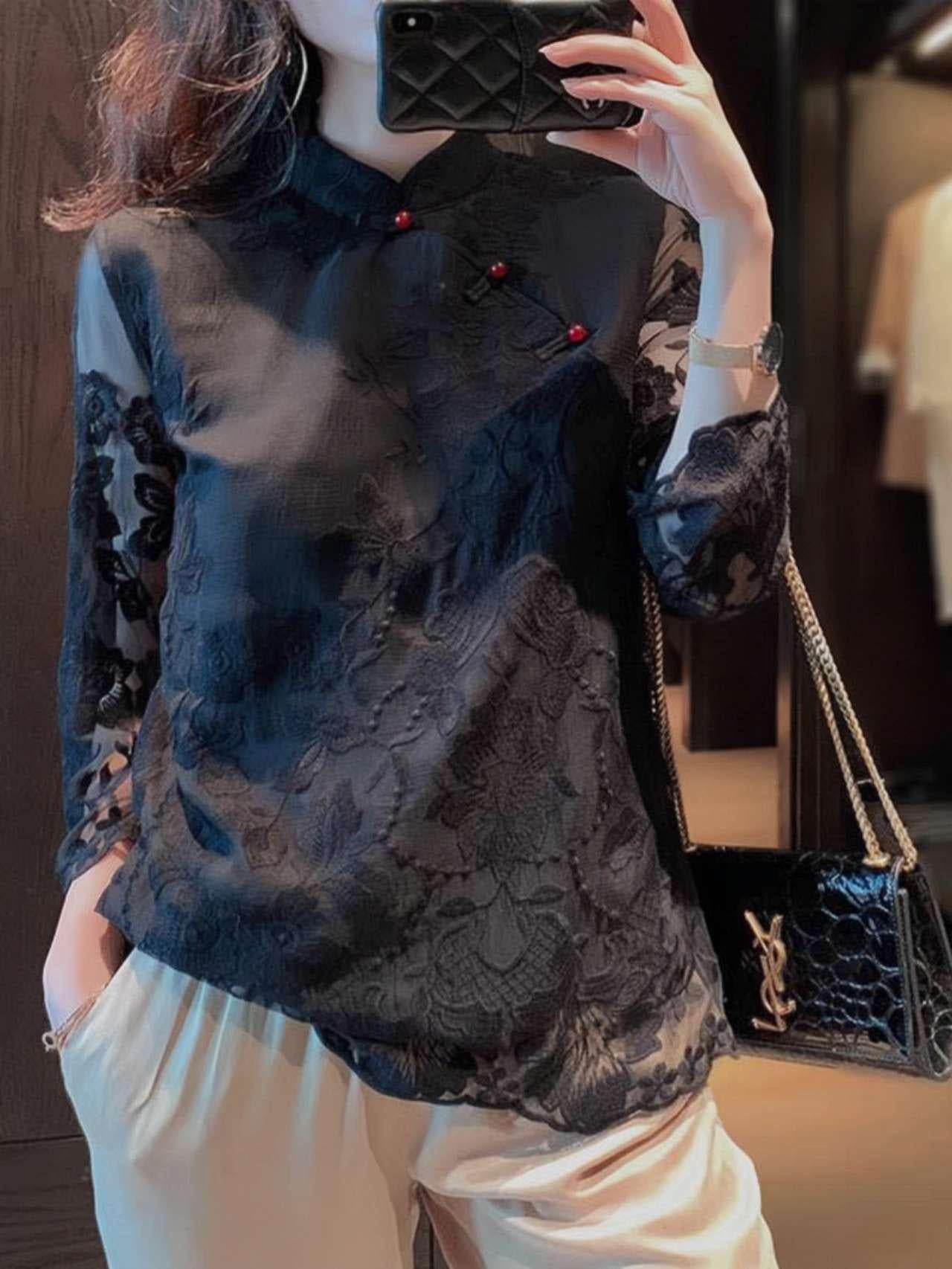 blusa china vintage mujer, camisa blanca bordada oriental, top holgado étnico retro, blusa estilo Tang, Camisa de la ceremonia del té