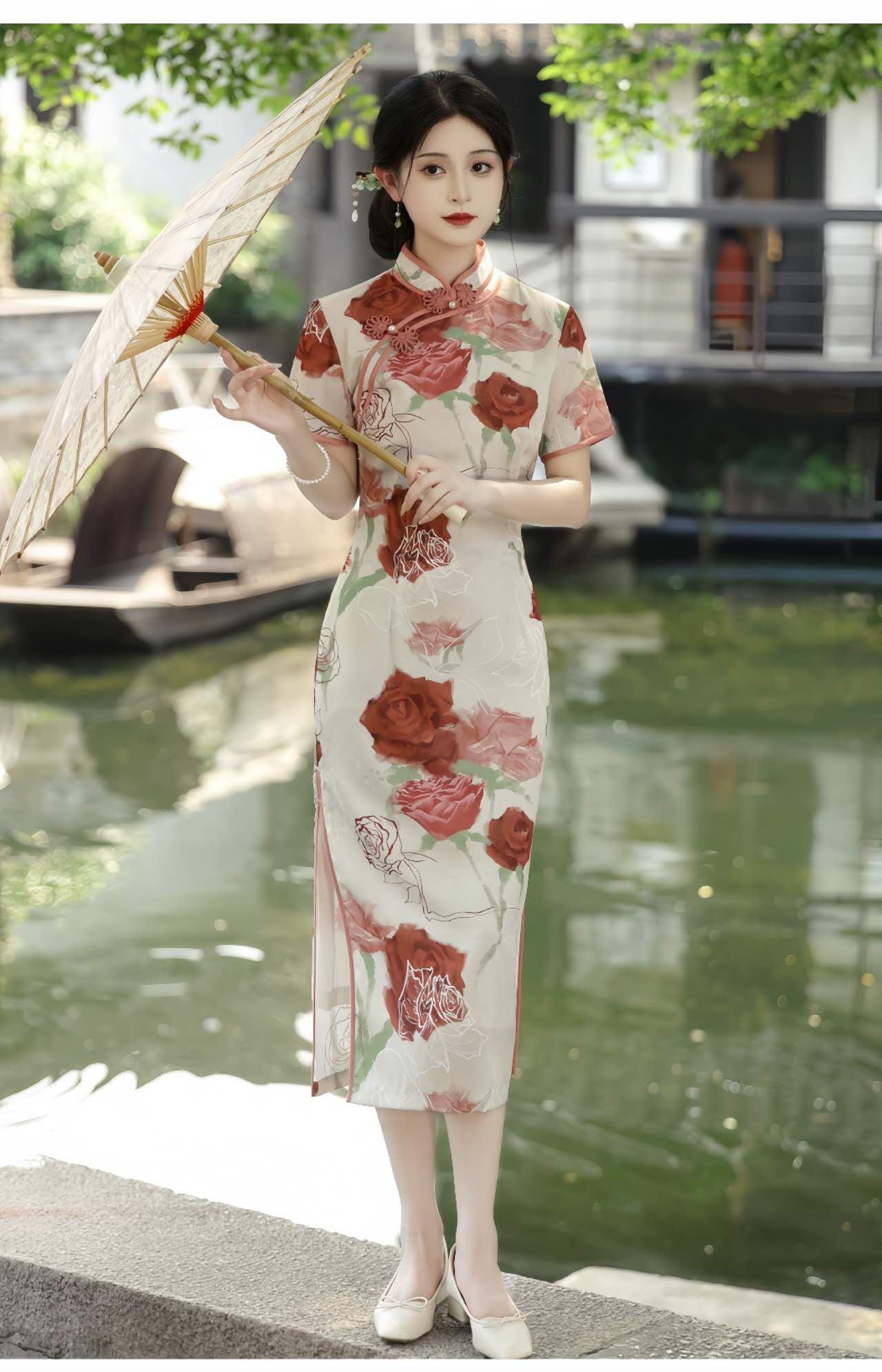 Qipao Estilo Francés, Cheongsam Rosa Floral,Vestido Romántico de Jardín, Qipao de Satén Brocado, Vestido Artístico Femenino,regalo para ella