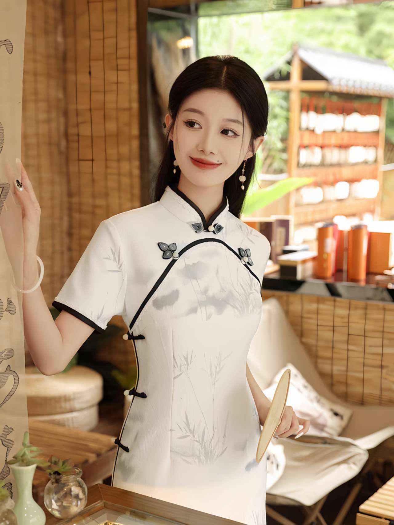 Paisaje Arte Cheongsam Vestido,Blanco Qipao,Vestido Chino para la Ceremonia del Té, Hanfu Estilo Maxi Cheongsam,Estilo Asiático Zen Vestido