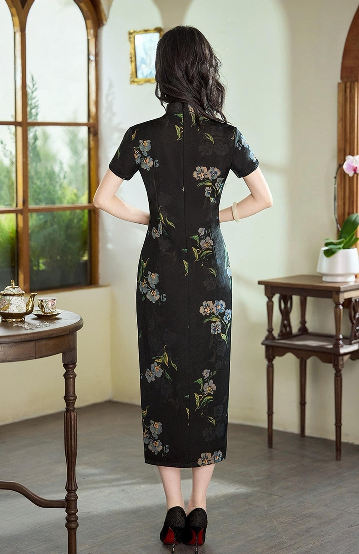 Vestido Cheongsam negro,Vestido Qipao Vintage,Vestido Midi Floral Chino, Vestido de invitada de boda asiática, Vestido para Ceremonia del Té