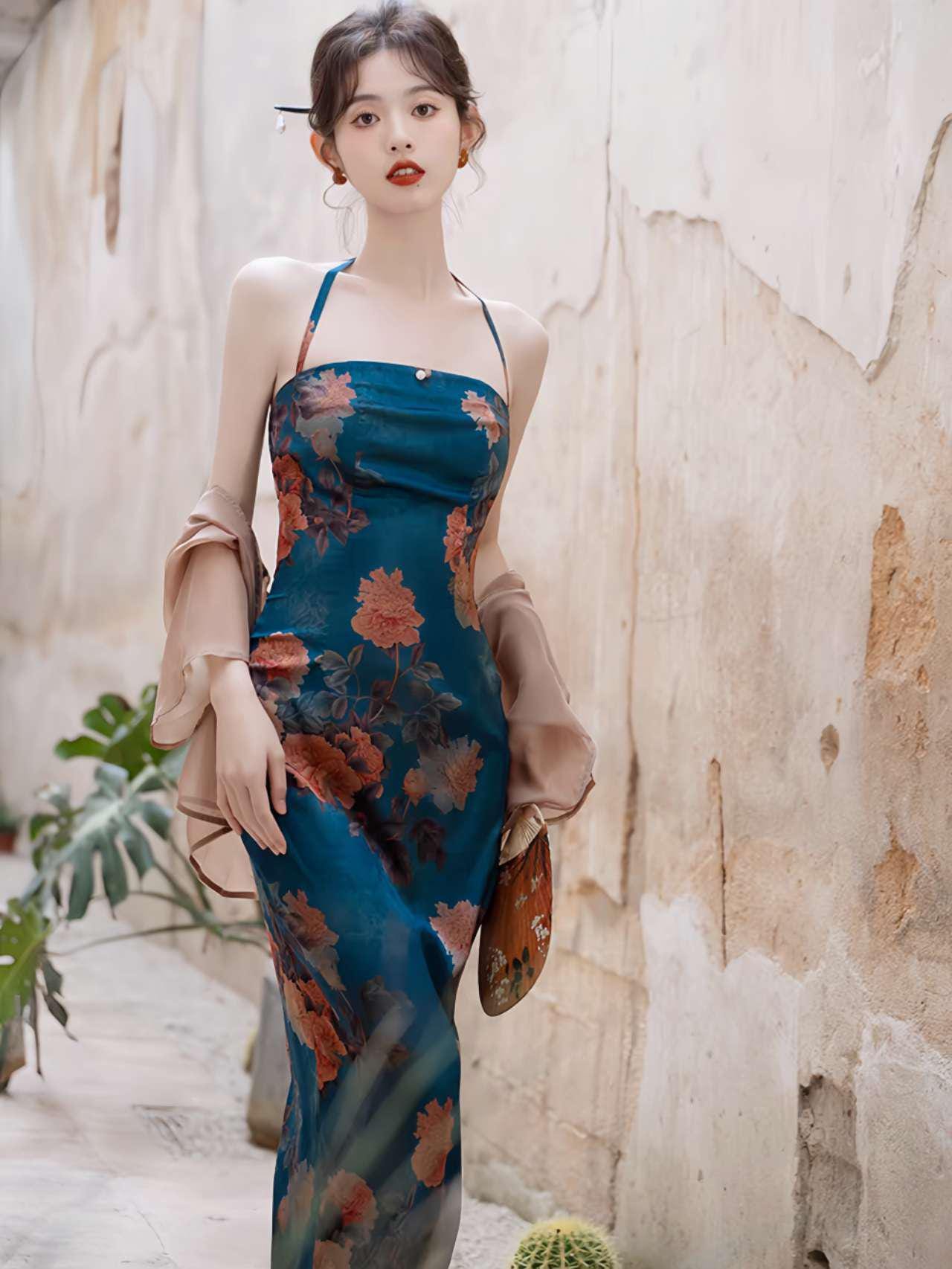 Dos Piezas Floral Qipao,  Retro Asiático Halter Vestido, Clásico Floral Vestido Chino,Azul Cheongsam Vestido Conjunto,Verano Vintage Vestido