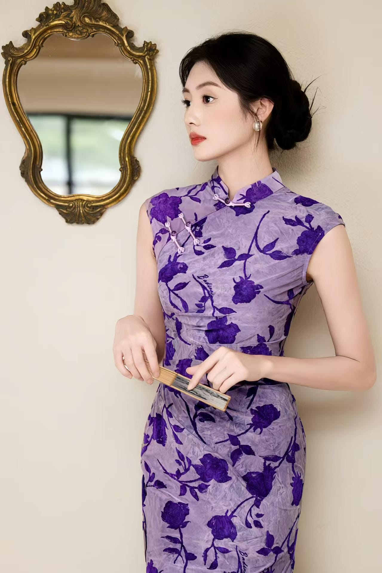 Vestido Cheongsam Floral Púrpura, Elegante Qipao Chino,  Midi Oriental Vintage, Repleto, Traje Formal Cultural, Noche Estilo Retro Asiático