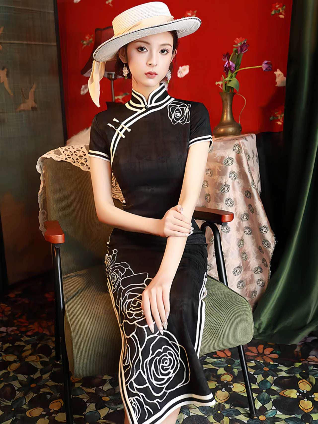 vestido cheongsam negro vintage, qipao elegante de noche estilo Shanghái, vestido chino con rosas bordadas,Vestido Vintage Elegante para Té