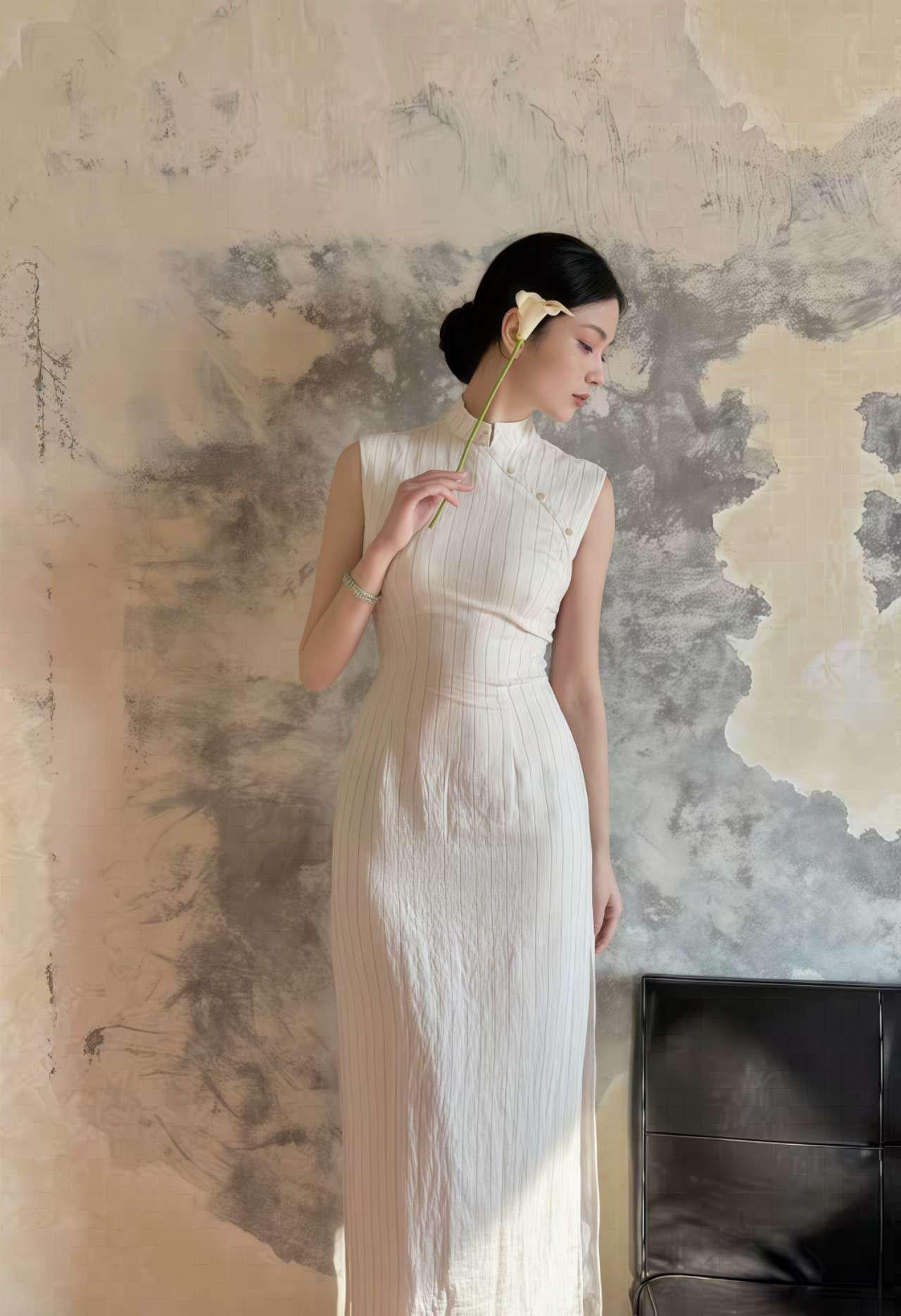 Elegante Qipao de Lino de Algodón - Cheongsam de Lino Transpirable - Vestido Chino Minimalista -Vestido de Verano para Mujer-Regalo Cultural