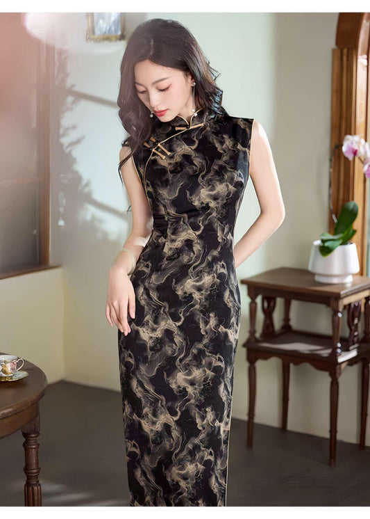 Cheongsam negro, Vestido de noche chino vintage, Regalo para ella, Vestido de cóctel oriental, Qipao formal, Vestido para Ceremonia del Té