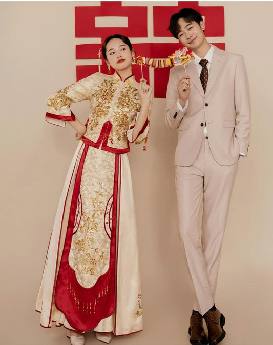 Chinese Qipao Dress, Traditional Qun Kwa Dress, Vintage Cheongsam Wedding Suit, Wedding Tea Ceremony, Chinese Engagement Look, Gift