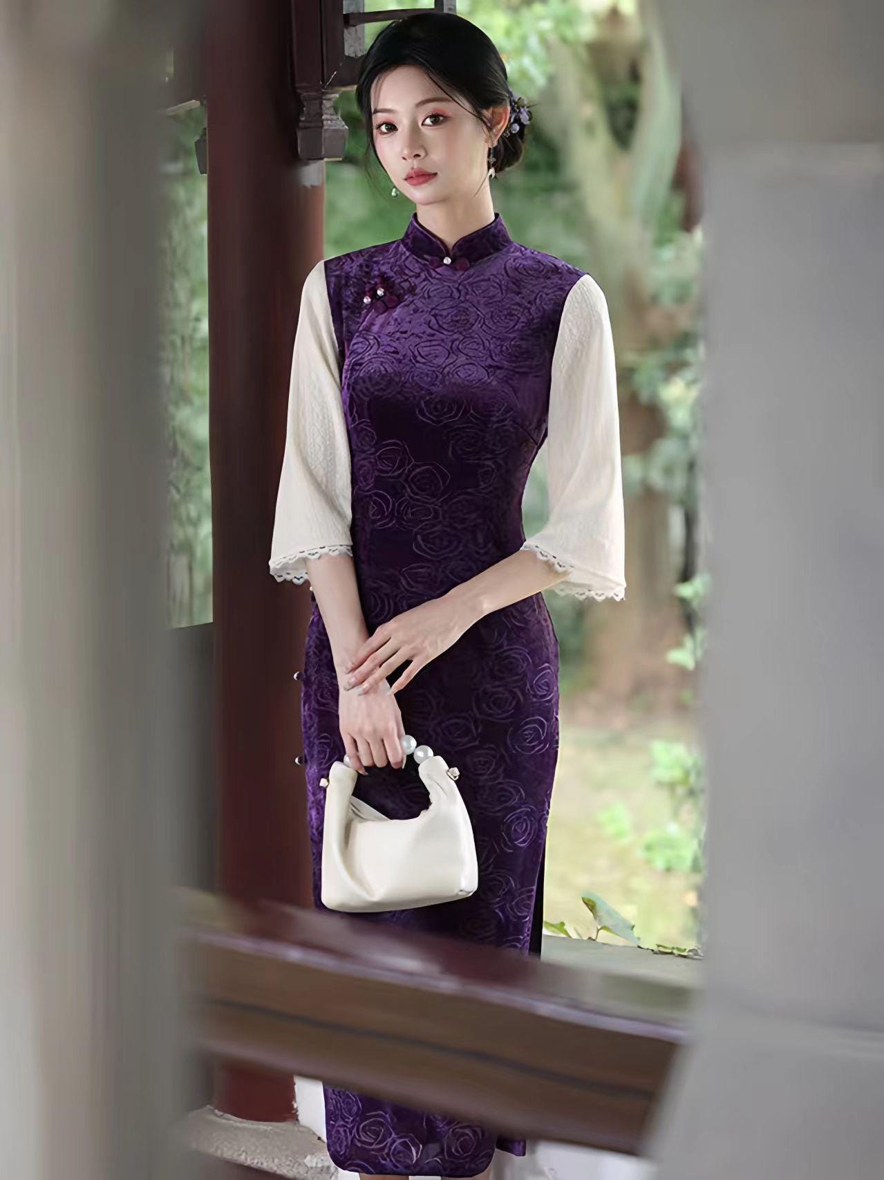 Qipao de Terciopelo,Vestido Cheongsam clásico,Vestido de Fiesta Oriental morado,Vestido Formal Vintage,Cheongsam Retro Floral,para Té o Gala