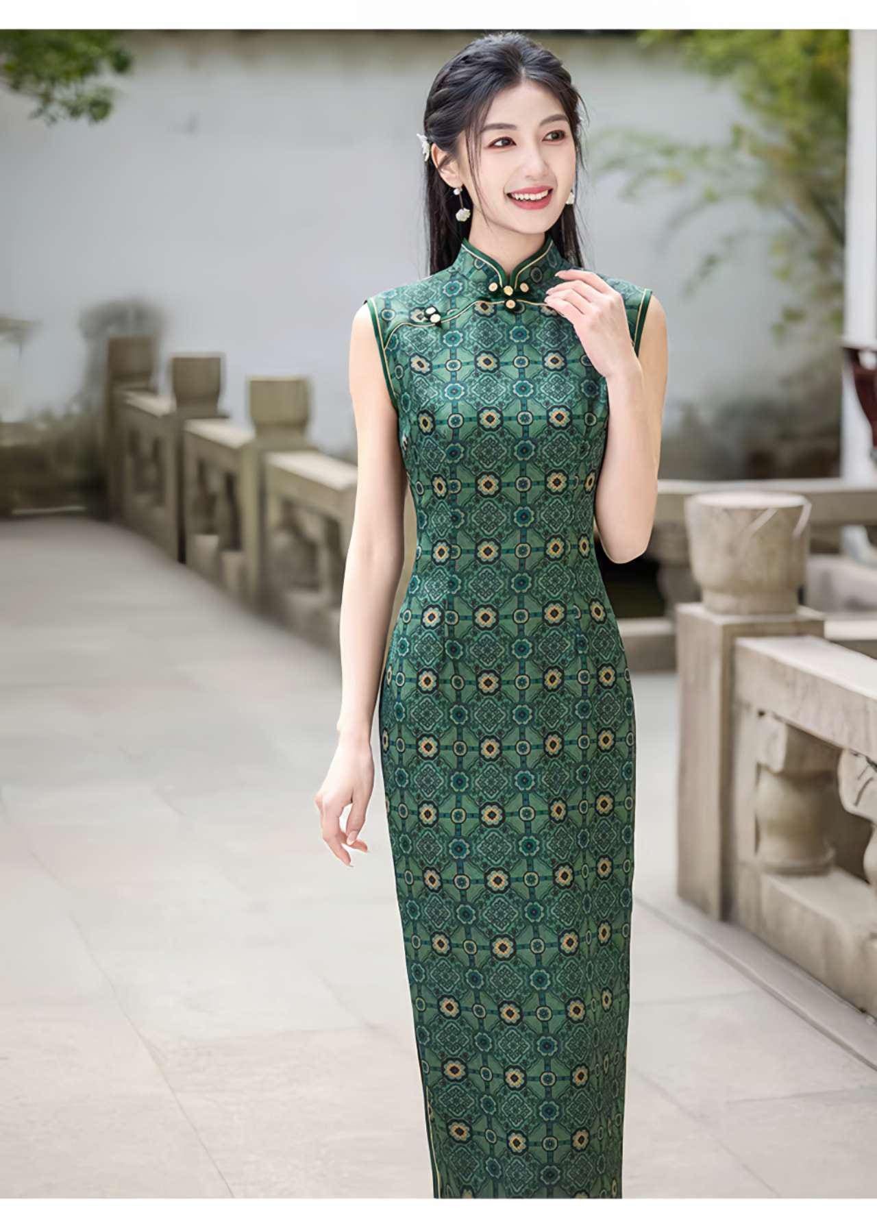 Qipao Chino Vintage,Vestido Cheongsam Retro Elegante,Vestido Qipao Estampado Verde,Qipao Estilo Tradicional,regalo cultural,Ceremonia del Té