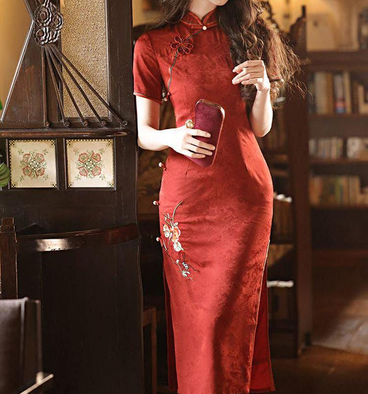 Vestido Qipao Novia Rojo Floral, Cheongsam Elegante Bordado para Boda ,Chino Traje de Novia Oriental, Vestido Mandarín Vintage