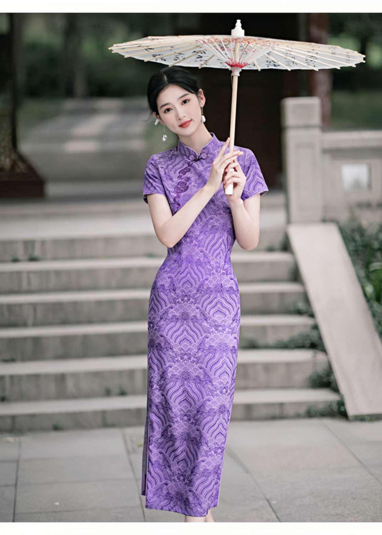 Vestido Cheongsam Púrpura, Vestido Qipao Vintage, Elegante Vestido Chino, Vestido para Eventos Culturales, Vestido para Ceremonia del Té