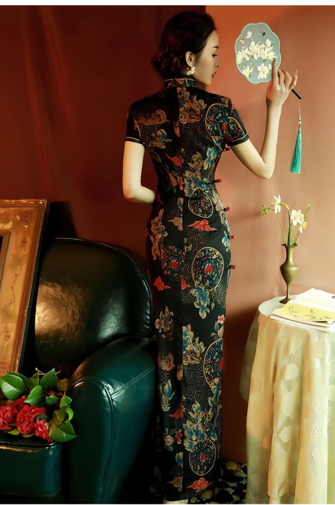 Vintage Chinese Cheongsam - Elegant Evening Dress with Lucky Cloud and Orchid Motif - Unique Printed Oriental Dress