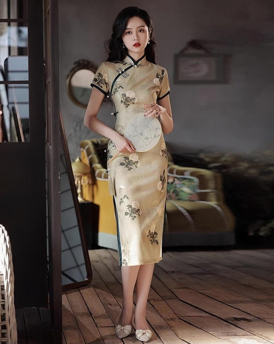 Vestido Qipao de Lino Vintage, Cheongsam Floral Chino Retro, Vestido Mandarina Ramio Natural,Traje para la Fiesta del Té, Vestido Midi