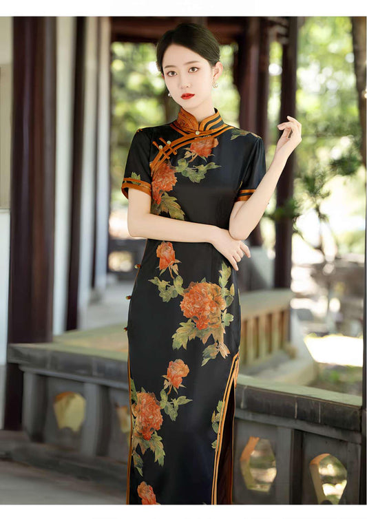 Qipao floral de satén negro, Cheongsam de Estilo Clásico, Vestido de Verano, Vestido Oriental Floral, Vestido de Invitada de Boda Asiática