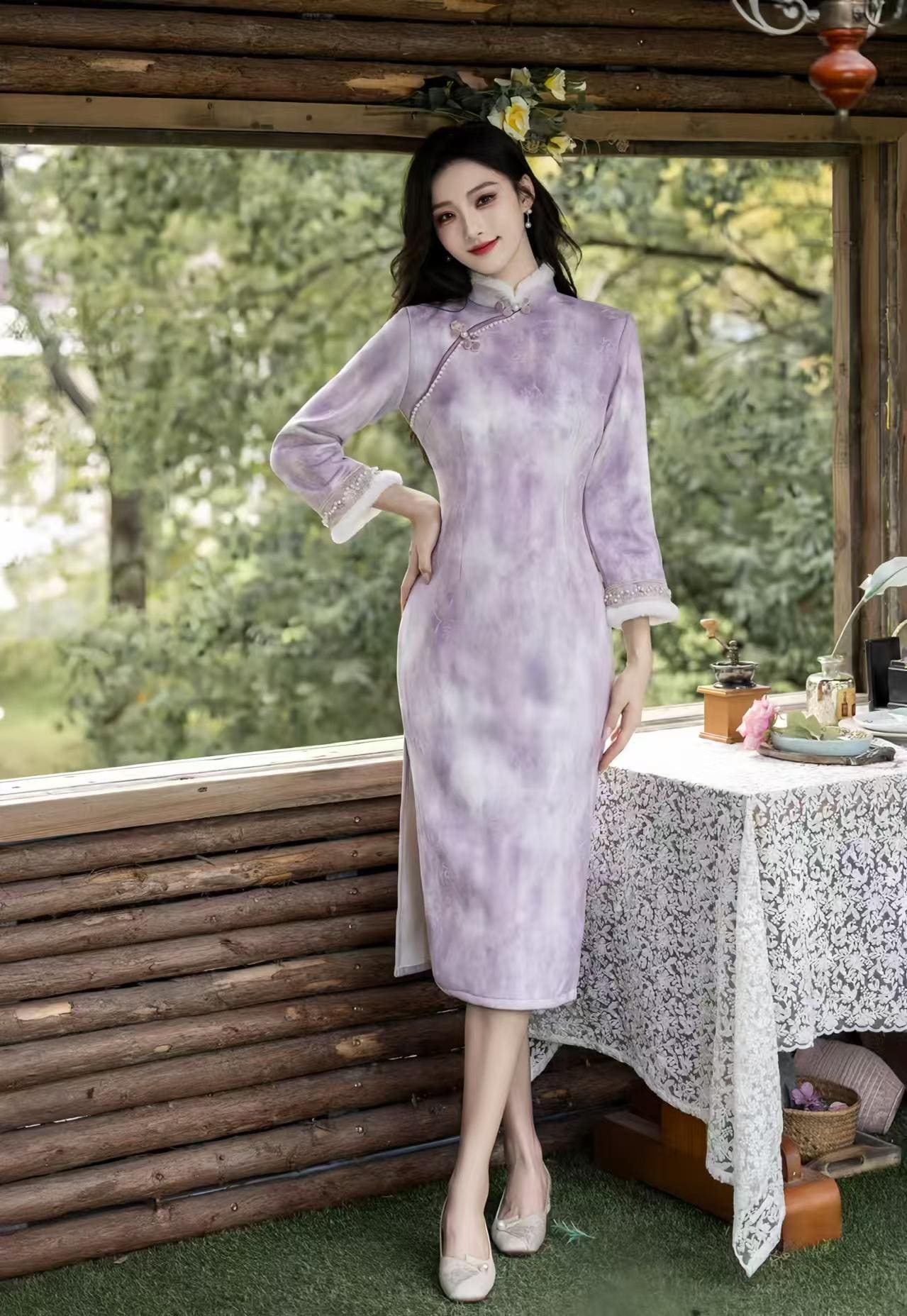 Purple-white velvet qipao, lined cheongsam, elegant Chinese dress, vintage oriental dress, luxury Asian winter costume