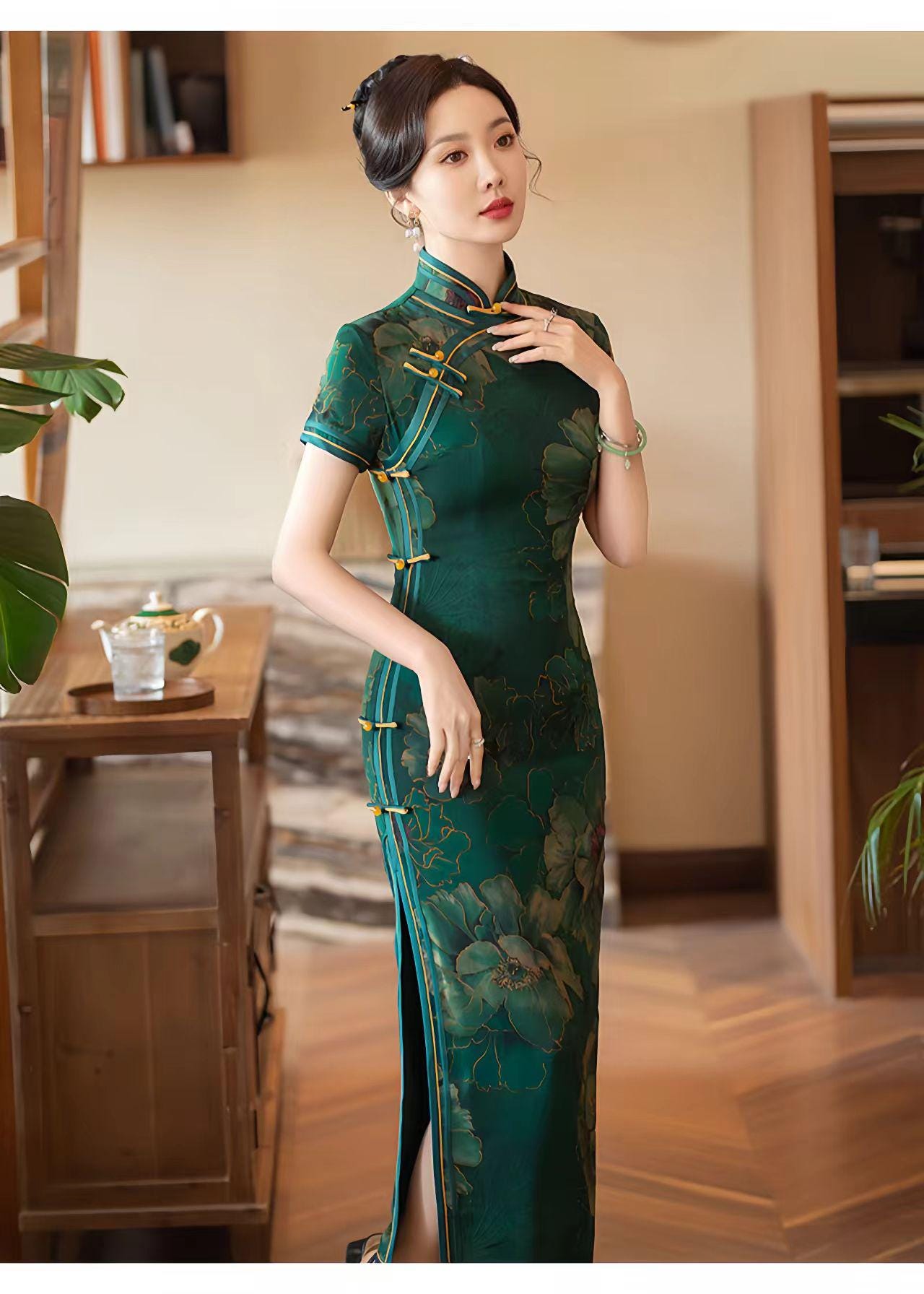 Vestido Cheongsam Verde, Vestido Chino Vintage, Vestido de Ceremonia de Té, Vestido de Noche, Vestido Estilo Dinero Viejo, Ceremonia del Té