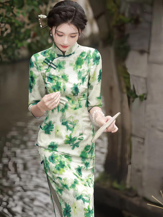 Vestido Qipao Floral Verde, Elegante Cheongsam de Oficina, Vestido de Trabajo Oriental Vintage,Qipao Clásico para Mujer,tallas grandes S-4XL