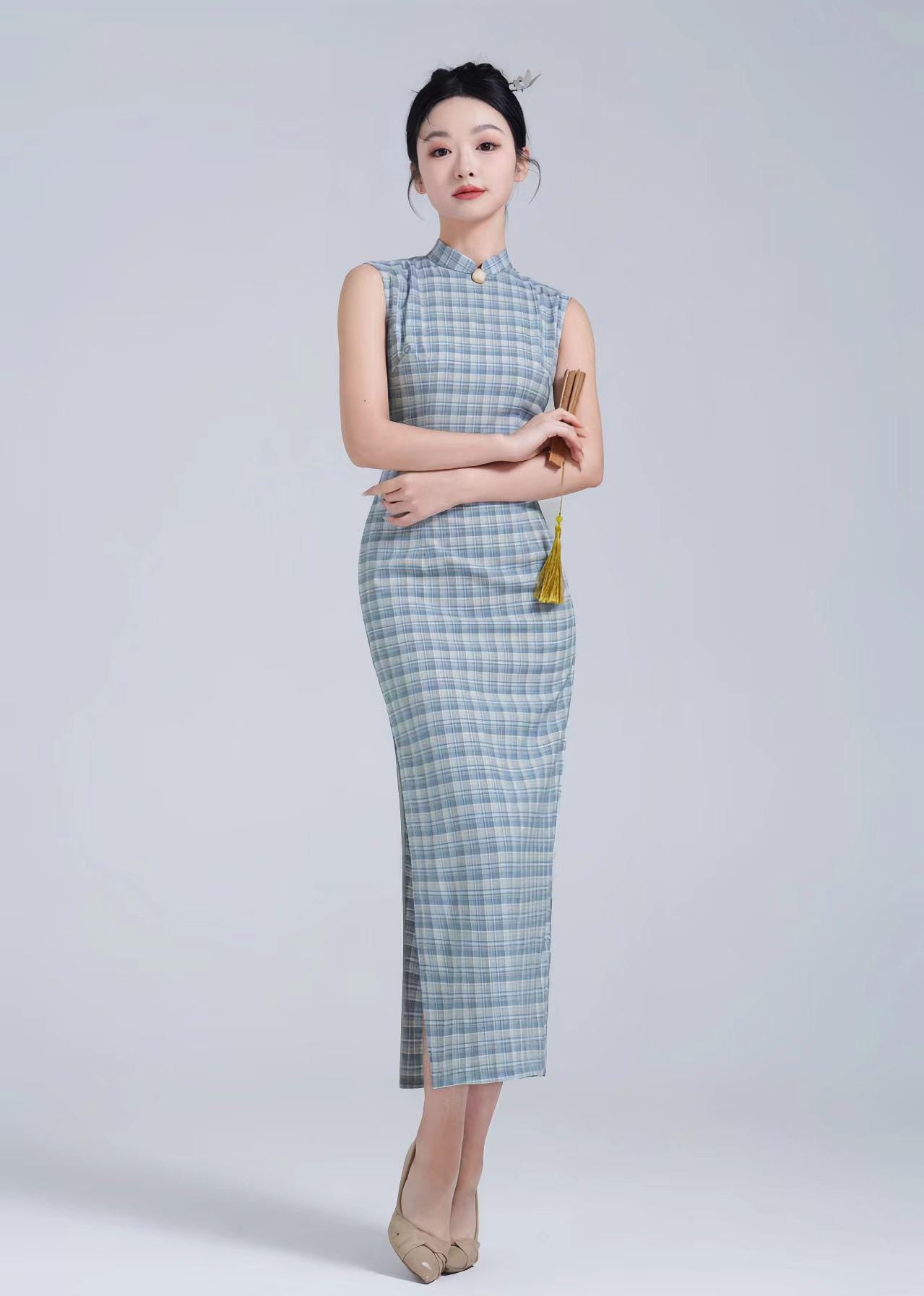 Vestido Qipao de Algodón a Cuadros, Vestido Largo Cheongsam a Rayas, Vestido Casual Chino de Verano, Conjunto Vintage Oriental, Vestido Tang