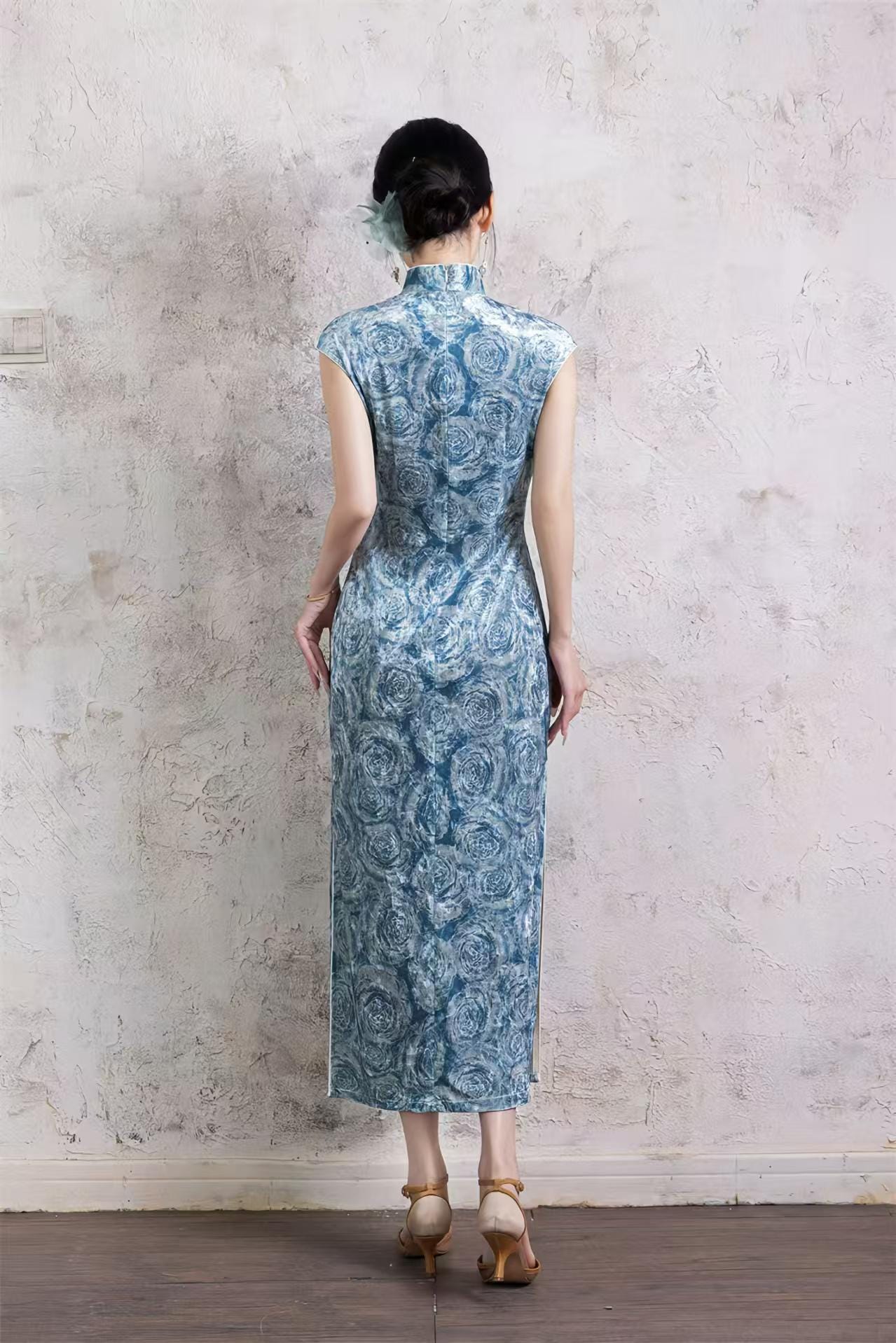 Pink Jacquard Velvet Qipao, Blue Vintage Cheongsam Dress, Elegant Autumn Oriental Dress, Gift for Her, Chinese Style Cocktail Party