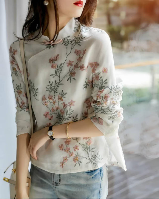 Blusa China, Top Mandarina Floral Vintage, Camisa Manga Larga,Camisa Estilo Traje Tang,Blusa Cheongsam Casual,Primavera,Otoño,tallas grandes