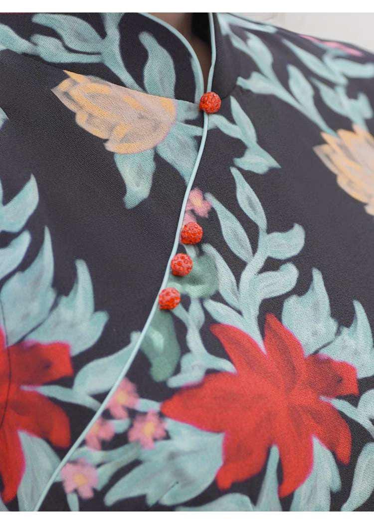 Qipao Floral Negro, Vestido Cheongsam Retro, Elegante Vestido de Noche, Vestido de Verano, Traje de Boda Cultural, Vestido Vintage  para Té