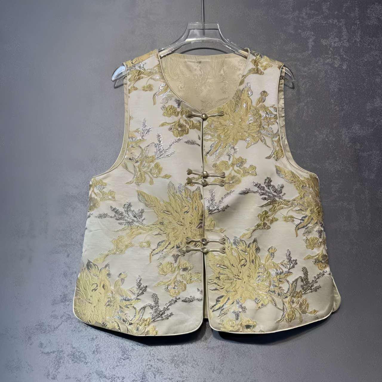 Chaleco Brocado Oro, Chaleco Hanfu Moderno,Chaleco de nuevo estilo,Primavera Verano,Regalo Único para Ella,Trabajo diario/Ceremonia del té