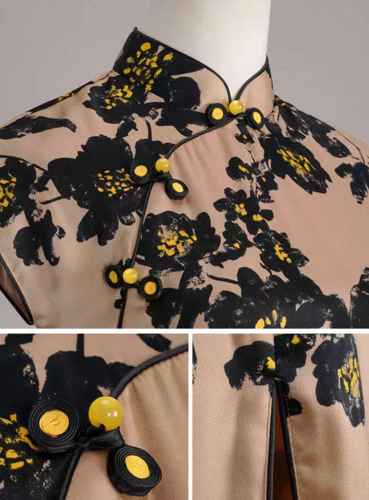 Retro Floral Qipao, Brown Cheongsam Dress, Elegant Vintage Qipao, Oriental Tea Party Dress, Wedding Guest Dress, Gift for Her