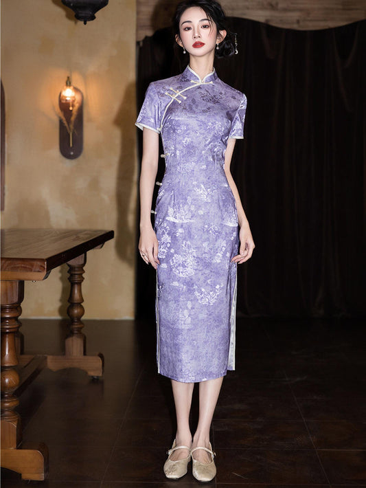 Vestido Qipao Morado, Elegante Cheongsam Chino,Vestido Retro Midi, Vestido Invitación de Boda Lavanda, Vestido Ceremonia Té,regalo para ella