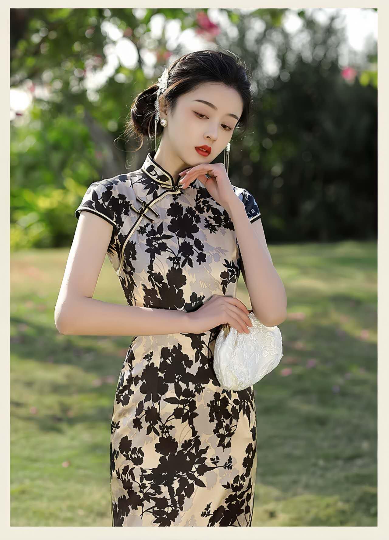 Vestido Qipao Vintage de Seda, Cheongsam Retro para Mujer,Vestido Negro y Dorado, Elegante Vestido Estilo Tang,Vestido para Ceremonia del Té
