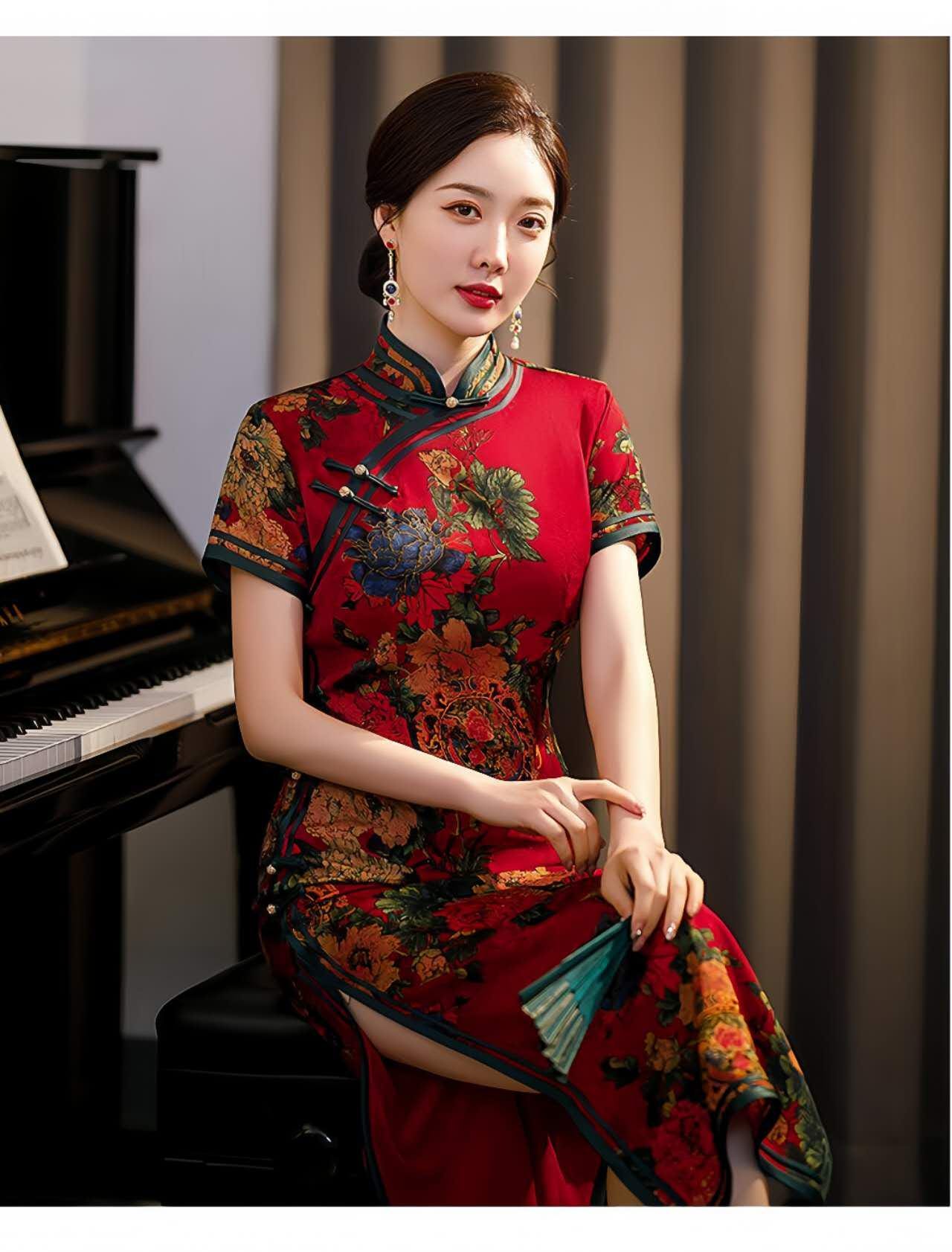 qipao elegante rojo, vestido vintage oriental, ropa cheongsam fiesta, Vestido Vintage Elegante para Té, regalo madre elegante, retro