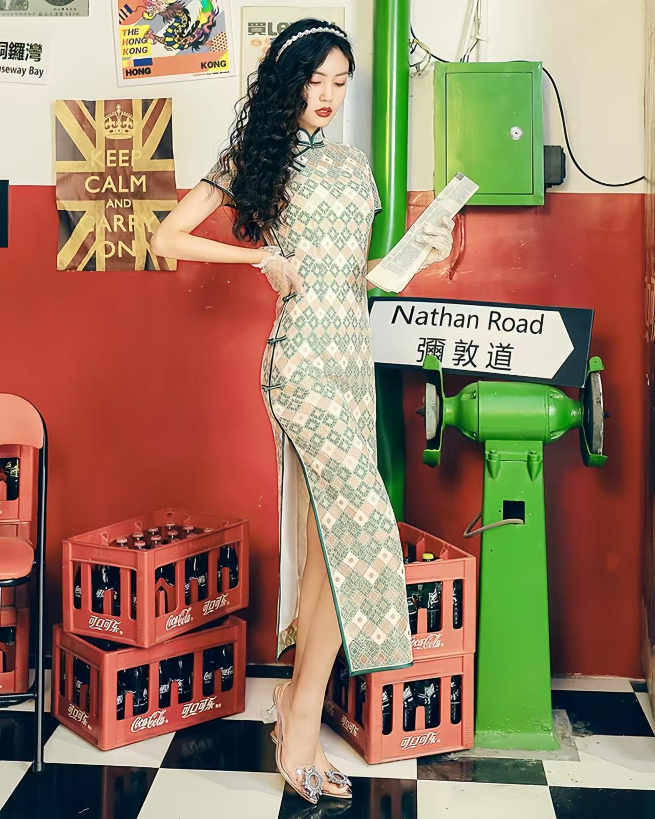 Qipao retro, vestido Hong Kong de los 90, Qipao cuadriculado, vestido vintage urbano,vestido de encaje de chica guay, vestido oriental funky