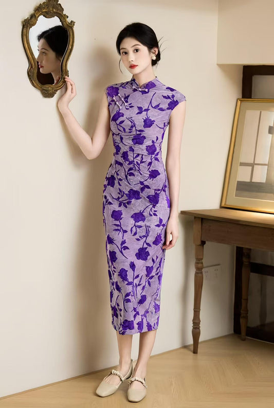 Purple Floral Cheongsam Dress, Elegant Chinese Qipao, Vintage Oriental Midi, Full, Cultural Formal Outfit, Asian Retro Style Evening