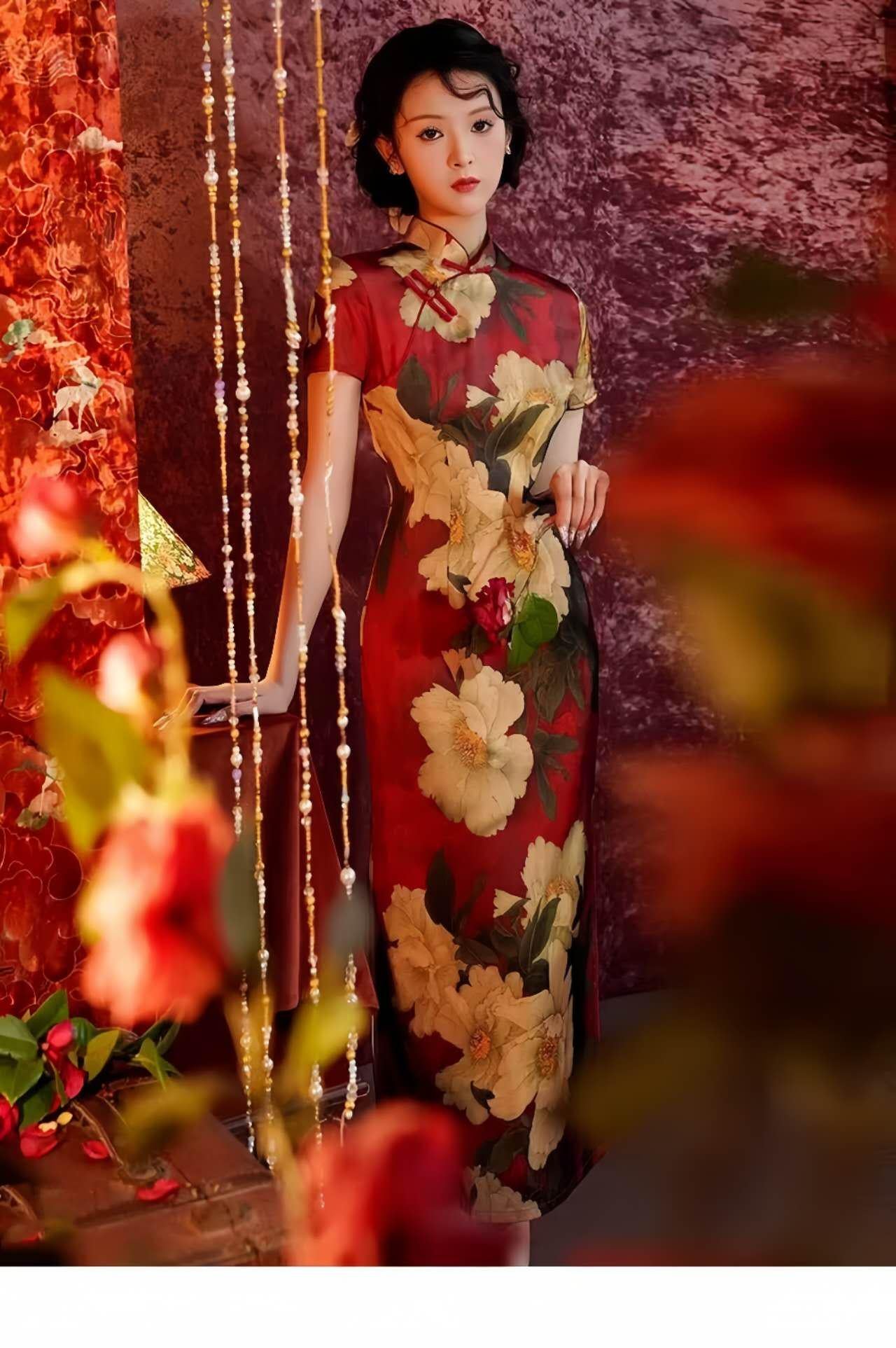 Romántico Qipao Peonía, Vestido Cheongsam Floral Rojo, Vestido de Novia Chino, Vestido Patrón Peonía, tallas grandes S-4XL, Regalo para ella